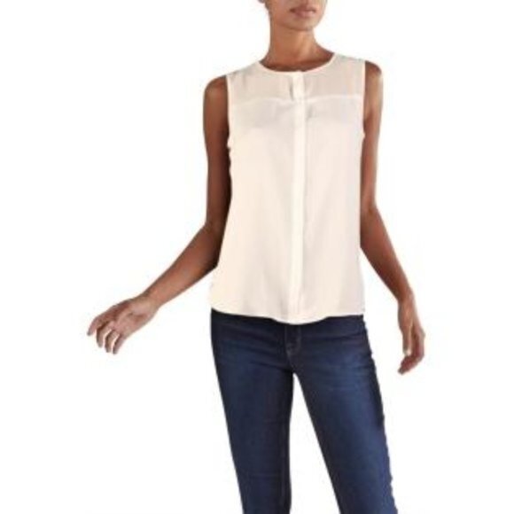 T Tahari Women's Illusion Button-Down Tank Top Ivory Size L Petite Semi‎ Sheer - Picture 1 of 7